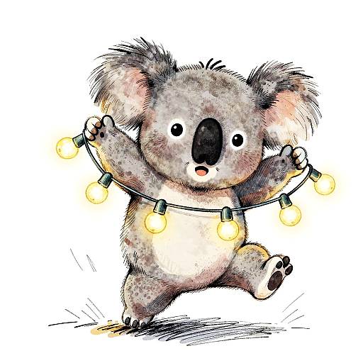 Whimsical Koala Stringing Fairy Lights