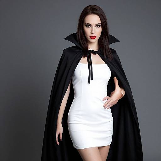 Photograph of a pale-skinned woman with dark hair, red lipstick, wearing a black cape over a tight white mini-dress, standing against a