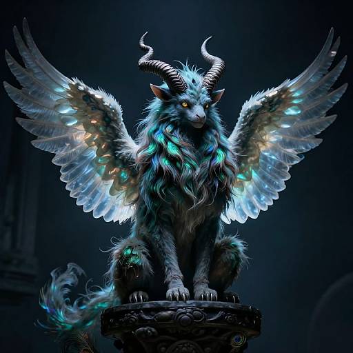 Digital artwork of a mystical, horned, blue-furred creature with glowing cyan and white wings, sitting on an ornate pedestal against a dark background