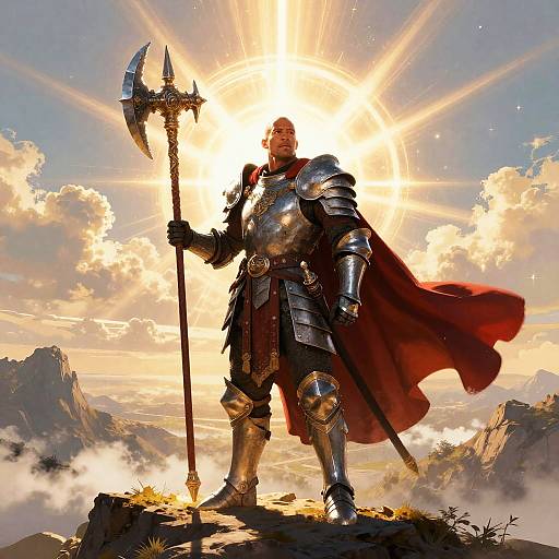 Mighty armored warrior with red cape and double-headed axe stands on mountain peak, sunlight and clouds behind, epic fantasy style.