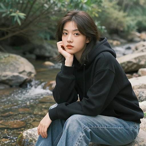 Photograph of an Asian woman with long black hair, wearing a black hoodie and blue jeans, sitting by a rocky stream, hand on cheek, surrounded