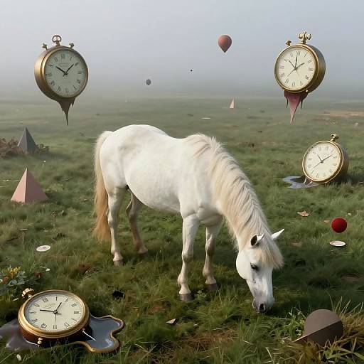 Digital artwork: White horse grazing on grassy field with floating vintage clocks, hot air balloons, and geometric shapes in the background.