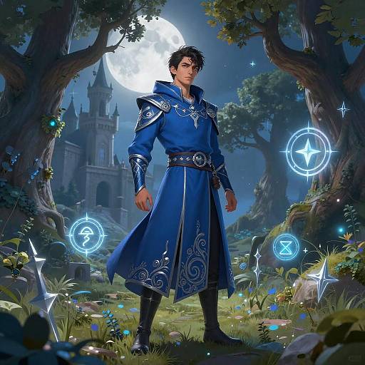 Young Male Sorcerer in Moonlit Enchanted Forest