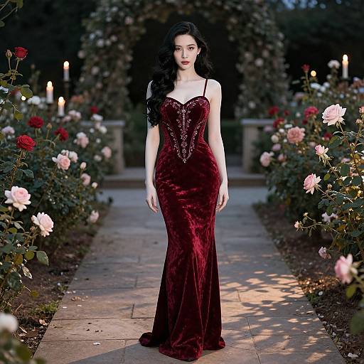 Graceful Woman in Crimson Velvet Garden