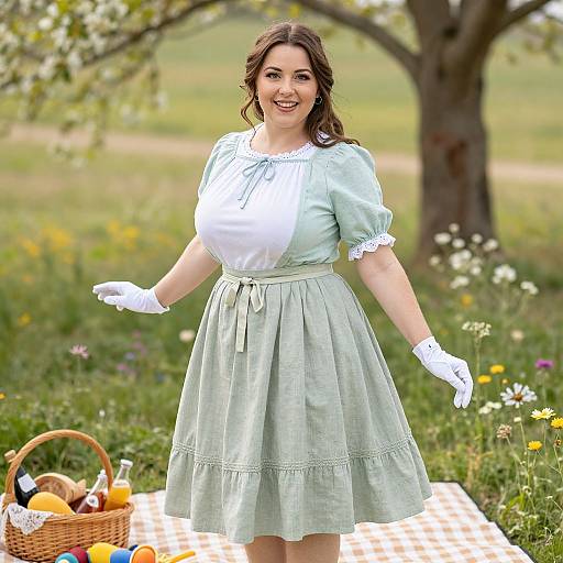 Photograph of a smiling brunette woman with fair skin, wearing a light blue puffed-sleeve dress, white gloves, and standing in a blo