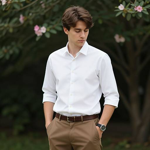 Photograph of a young man with short brown hair, wearing a white button-up shirt, brown pants, and a black watch, standing with hands in