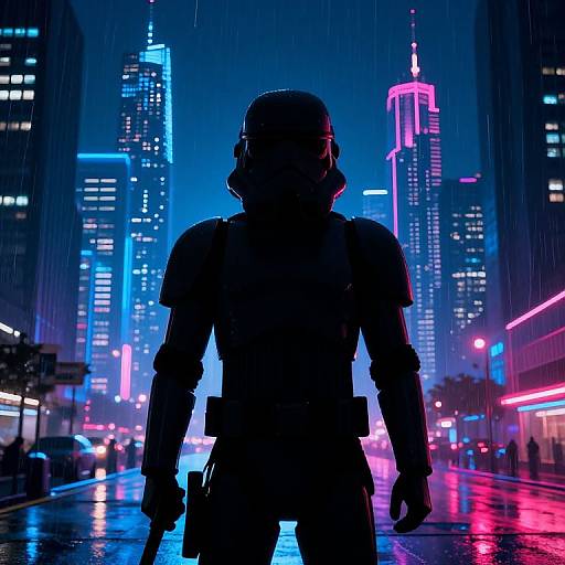 Cyborg silhouette in neon-lit, rainy cityscape; vibrant blue, pink, and purple skyscrapers; futuristic, cyberpunk style; dark