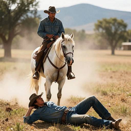 Intense Cowboys in Dusty Landscape