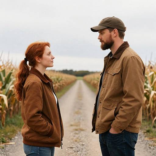 Couple in Cornfield Under Cloudy Sky