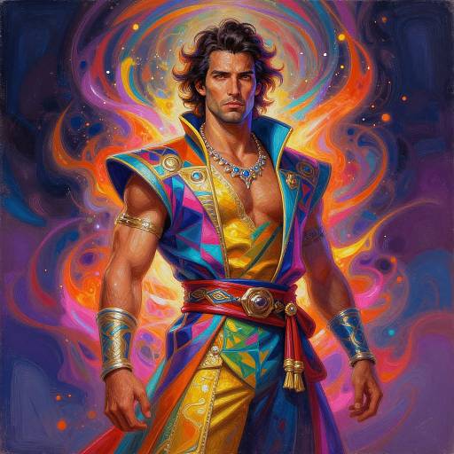 Digital art of a muscular, dark-haired man with fiery aura, wearing colorful, ornate, open-shirt attire, adorned with jewelry, standing confidently.