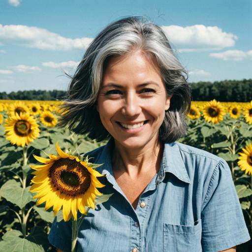 Smiling Older Woman in Sunflower Field