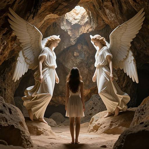 Photograph of a cave with two radiant, winged angel statues in white robes facing each other, illuminated from above. A young girl with long brown