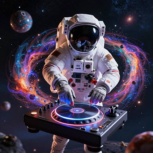 Astronaut DJ Mixing Beats in Space