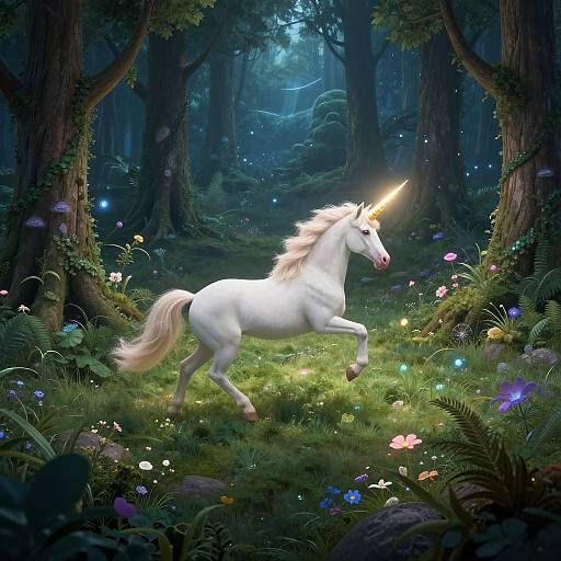 Digital art of a radiant white unicorn with a glowing yellow horn, prancing in a magical, moonlit forest filled with colorful flowers and glowing fireflies