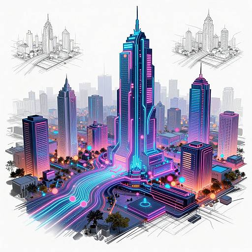 Digitally illustrated neon cityscape with vibrant blue, pink, and purple lights on skyscrapers, winding roads, and sparse trees, set against a