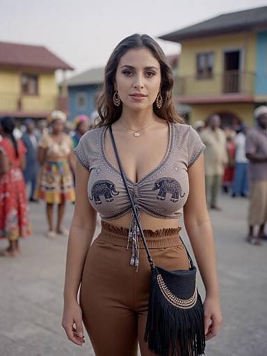Photograph of a brown-haired woman with medium skin tone, wearing a low-cut, beige top with elephant embroidery, brown high-waisted pants,