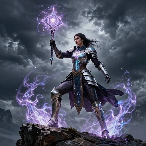 Digital art of a dark-haired, armored mage standing on a rock, holding a glowing purple magical staff, surrounded by ethereal flames. Stormy sky