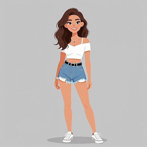 Digital illustration of a smiling young woman with long brown hair, wearing a white off-shoulder top, high-waisted denim shorts, and white