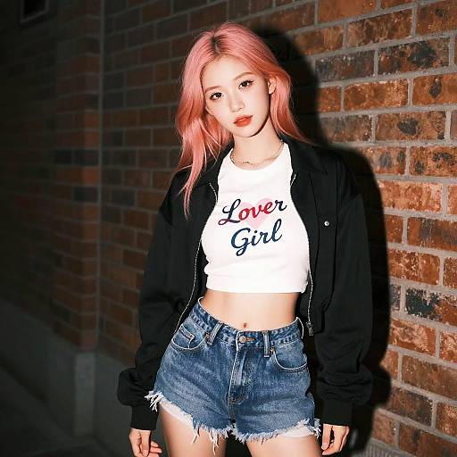 Photograph of a young woman with pink hair, wearing a black jacket, white 