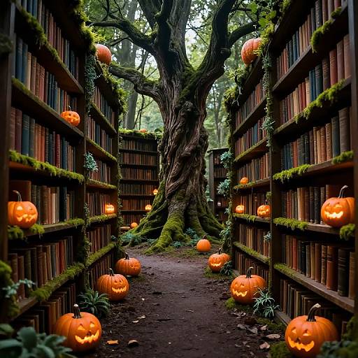 Photograph of a mystical library aisle with glowing orange jack-o'-lanterns on moss-covered bookshelves, leading to a massive, twisted tree