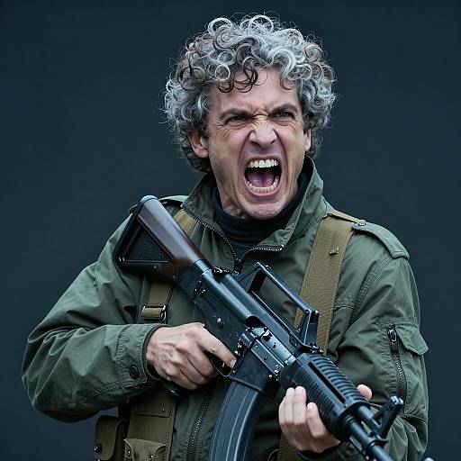 Intense Man Screaming with Rifle