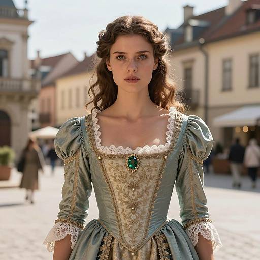Young Woman in Renaissance Dress in Historic Town Square