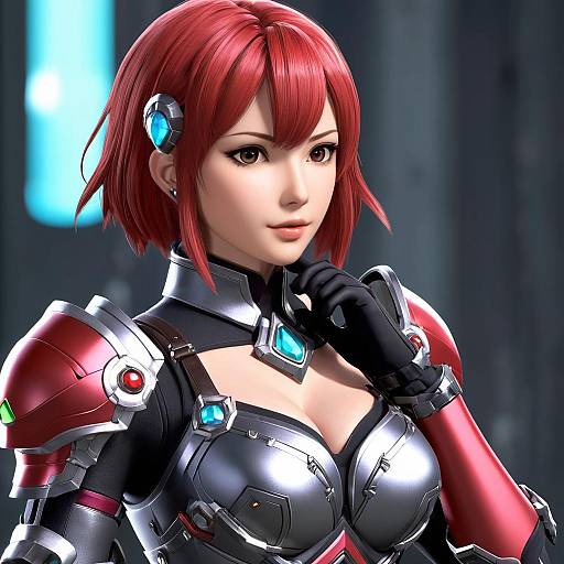 Digital CGI of a red-haired woman in futuristic armor with blue and red gem accents, black gloves, and a confident expression.