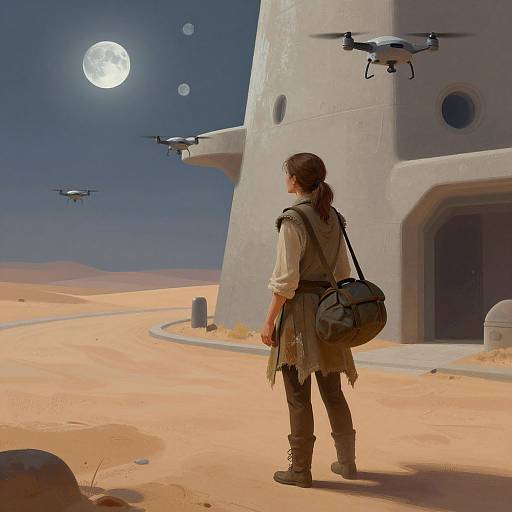 Digital painting of a woman in desert attire with a backpack, standing in front of a futuristic building, observing three drones under a bright full moon.