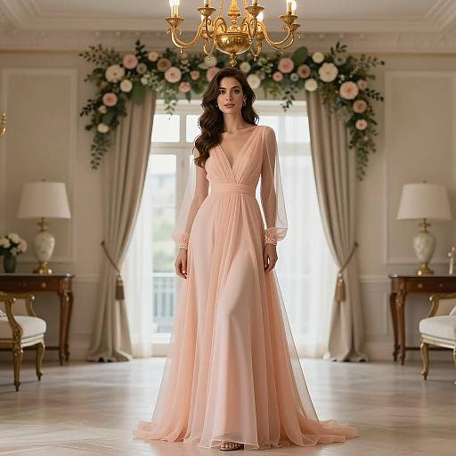 Woman in Elegant Peach Ballgown in Luxurious Room