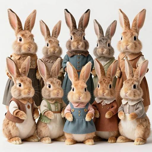 Photorealistic digital illustration of eight anthropomorphic rabbits in various vintage clothing styles, standing in a row against a white background.