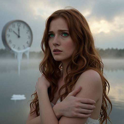 Photograph of a red-haired woman with wavy hair, green eyes, and pale skin, arms crossed, standing by a foggy lake with a