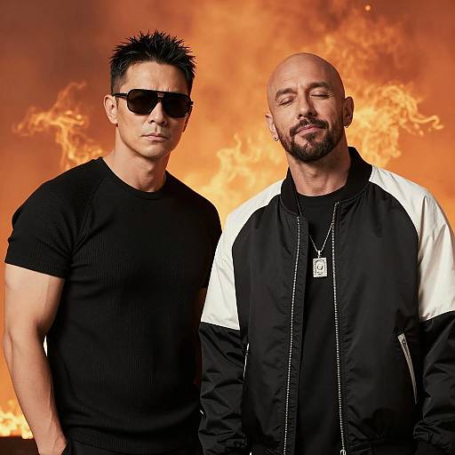 Dynamic Duo Against Fiery Background