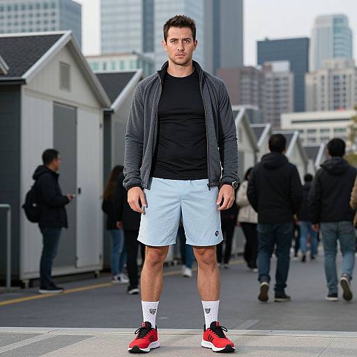 Photograph of a fit, short-haired man in black shirt, gray jacket, white shorts, red sneakers, and white socks, standing in a busy