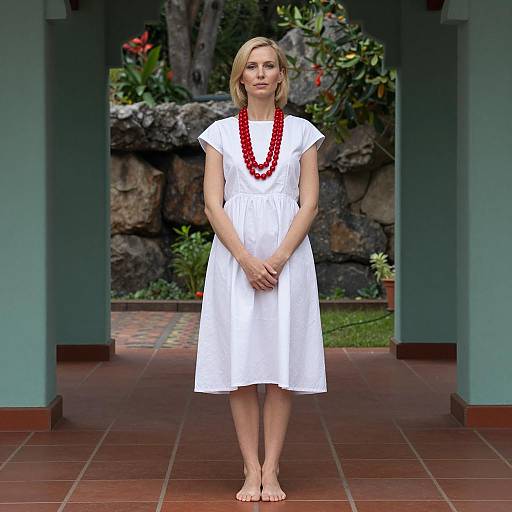 Blonde Woman on Red Tiled Floor