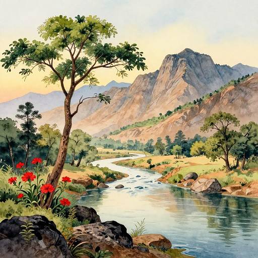 Colorful digital painting of a serene mountain landscape with a flowing river, red flowers, and trees, under a soft sunset sky.