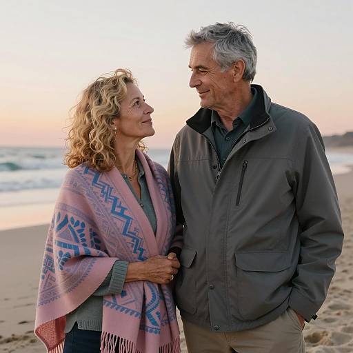 Middle-Aged Couple Standing on Beach at Sunset
