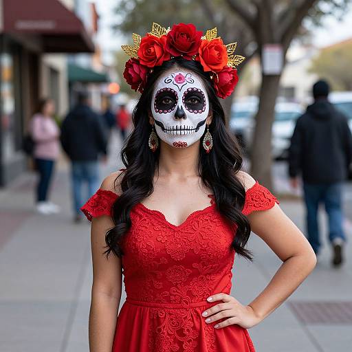 Photograph of a woman in a red lace dress and flower crown, wearing a sugar skull mask, standing on a city sidewalk.