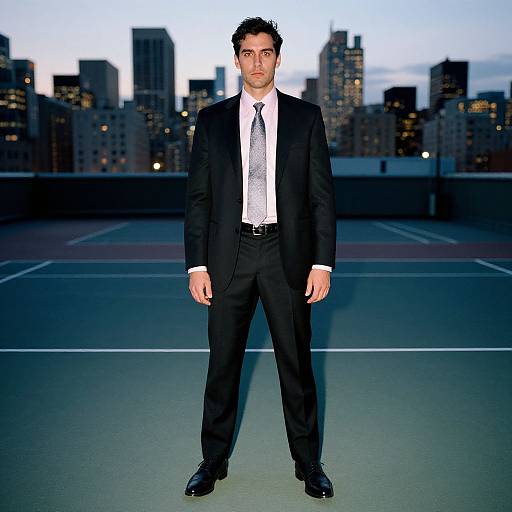 Photograph of a serious, dark-haired man in a black suit and white tie standing on a rooftop tennis court with a city skyline at dusk in the