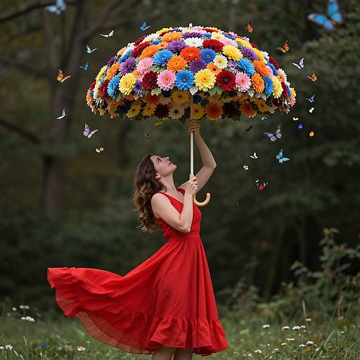 Photograph of a woman in a flowing red dress holding a vibrant flower-filled umbrella, surrounded by colorful butterflies in a lush forest.