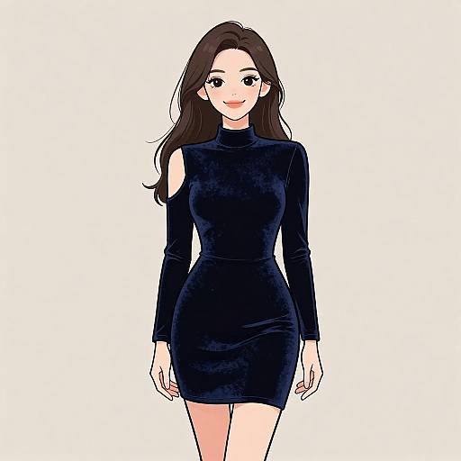 Digital anime-style drawing of a smiling woman with long brown hair, wearing a form-fitting, black, long-sleeve, turtleneck dress