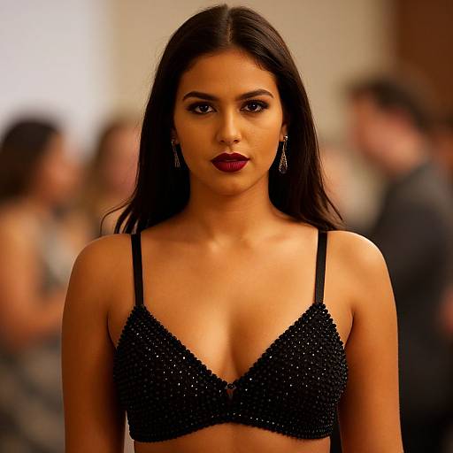 Photograph of a young woman with long black hair, wearing a black sequined bralette, and dark red lipstick, standing confidently in a blurred,