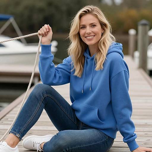 Smiling Blonde Woman in Blue Hoodie on Wooden Dock