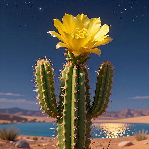 Photograph of a vibrant yellow-flowered cactus with spiky green arms under a starry night sky, reflecting on a shimmering desert lake.