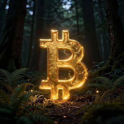 Glowing golden Bitcoin symbol in dense forest, surrounded by ferns, with dim blue-green background and small glowing fireflies. Photorealistic CGI