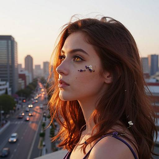 Photograph of a young woman with fair skin and brown hair, illuminated by sunset, wearing star-shaped face glitter, in a cityscape background with blurred