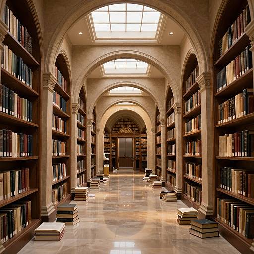 Photograph of a grand, sunlit library with arched ceilings, marble floors, and tall wooden bookshelves filled with colorful books.