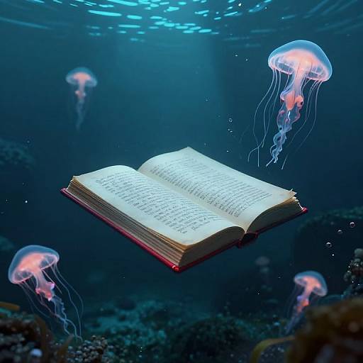 Photograph of an open, glowing book floating underwater, surrounded by bioluminescent jellyfish with pink and blue hues in a dark blue ocean.