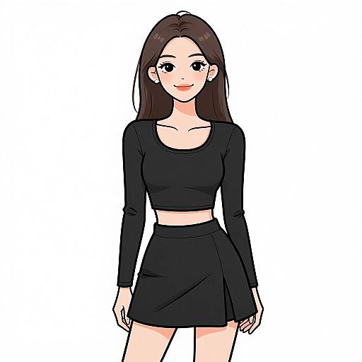 Digital anime-style drawing of a smiling young woman with long brown hair, wearing a black long-sleeve crop top and matching skirt, against a plain