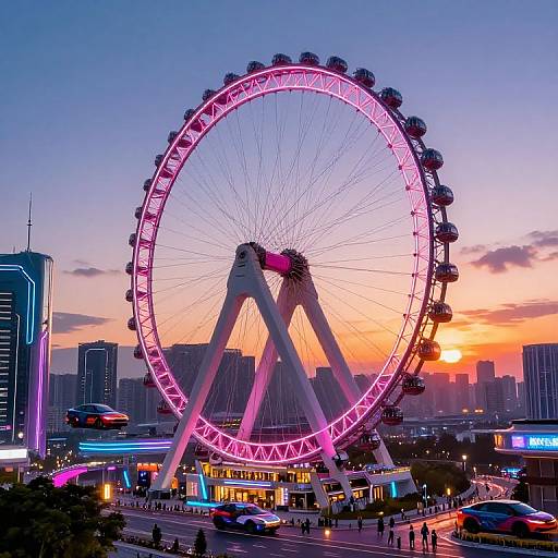 Photograph of a brightly lit pink Ferris wheel at sunset, with neon city lights, busy streets, and skyscrapers in the background.