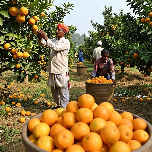 Photograph of two Indian men picking oranges in a vibrant, sunlit orchard, with one man reaching for an orange and another kneeling beside a basket